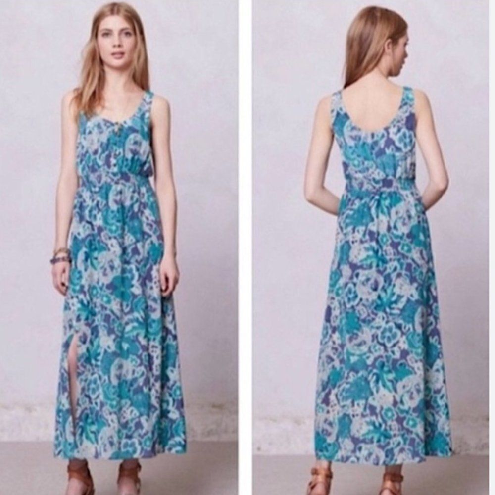 Anthropologie Maeve Womens Size XS 100% Silk Maxi Length Tank Dress Green & Blue